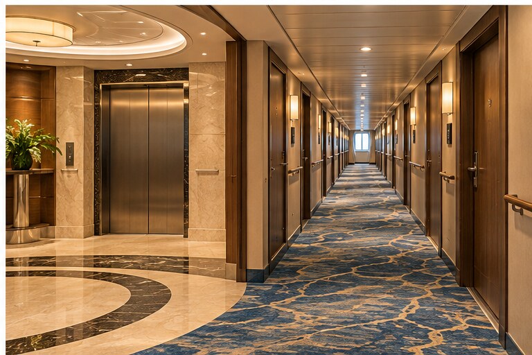 Quiet cruise-ship stateroom corridor with an elevator lobby