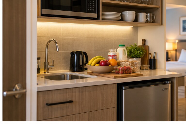 Small hotel kitchenette set up with groceries and breakfast items