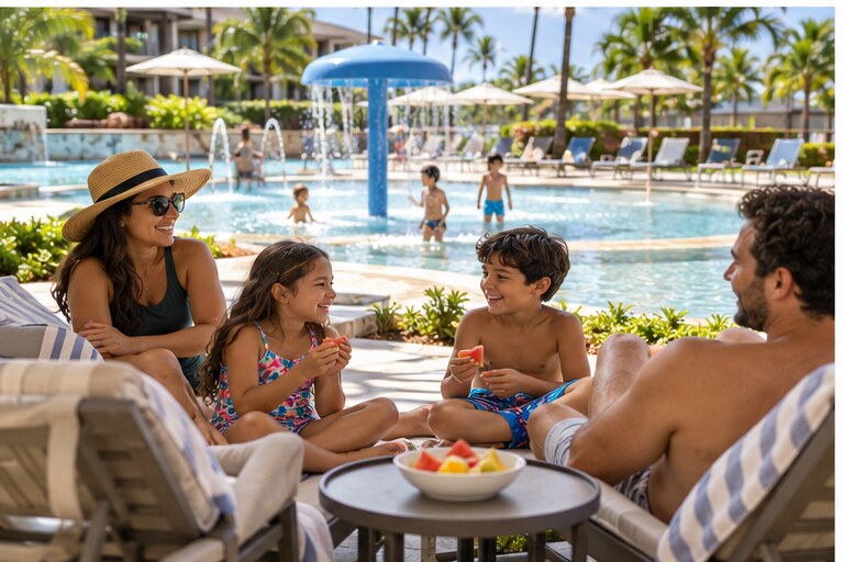 Family relaxing beside a child-friendly hotel swimming pool