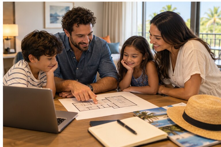 Parents reviewing hotel room options and booking notes together