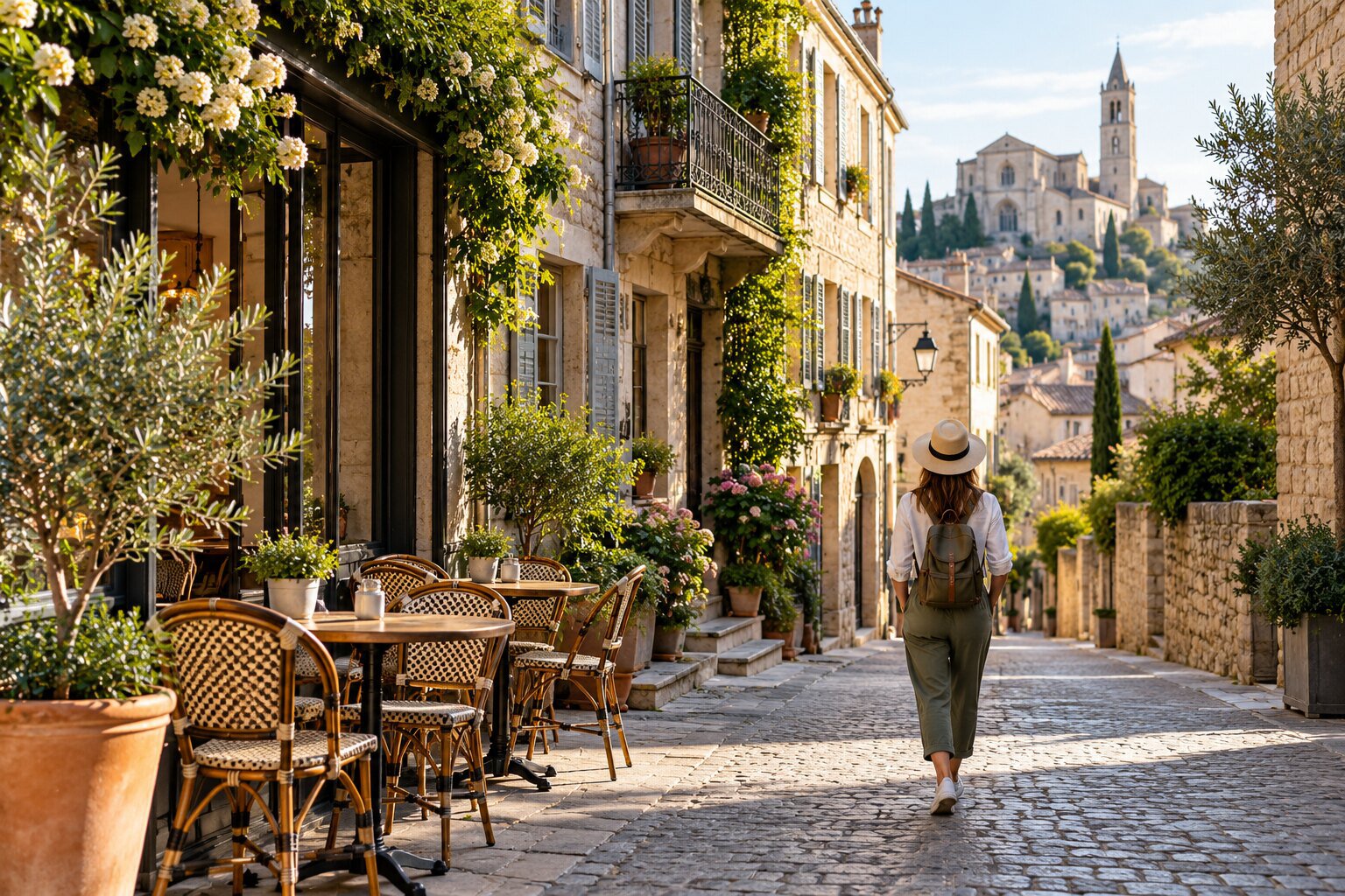 Traveler explores a walkable city neighborhood near a café.