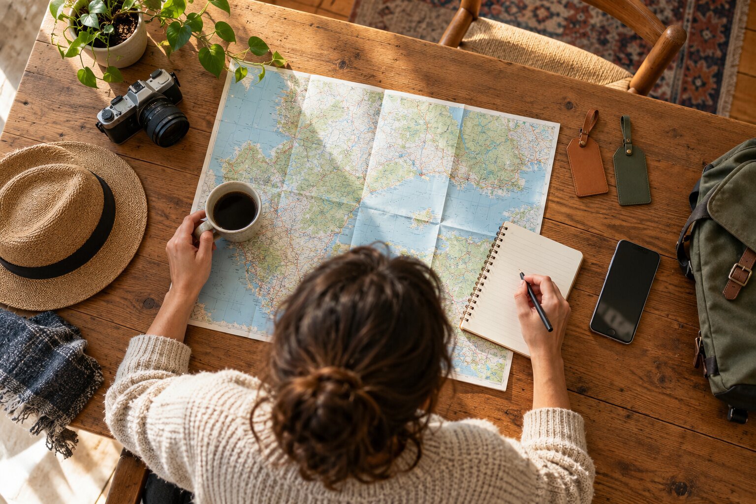 Traveler compares a paper map and notes while planning a multi-stop trip.