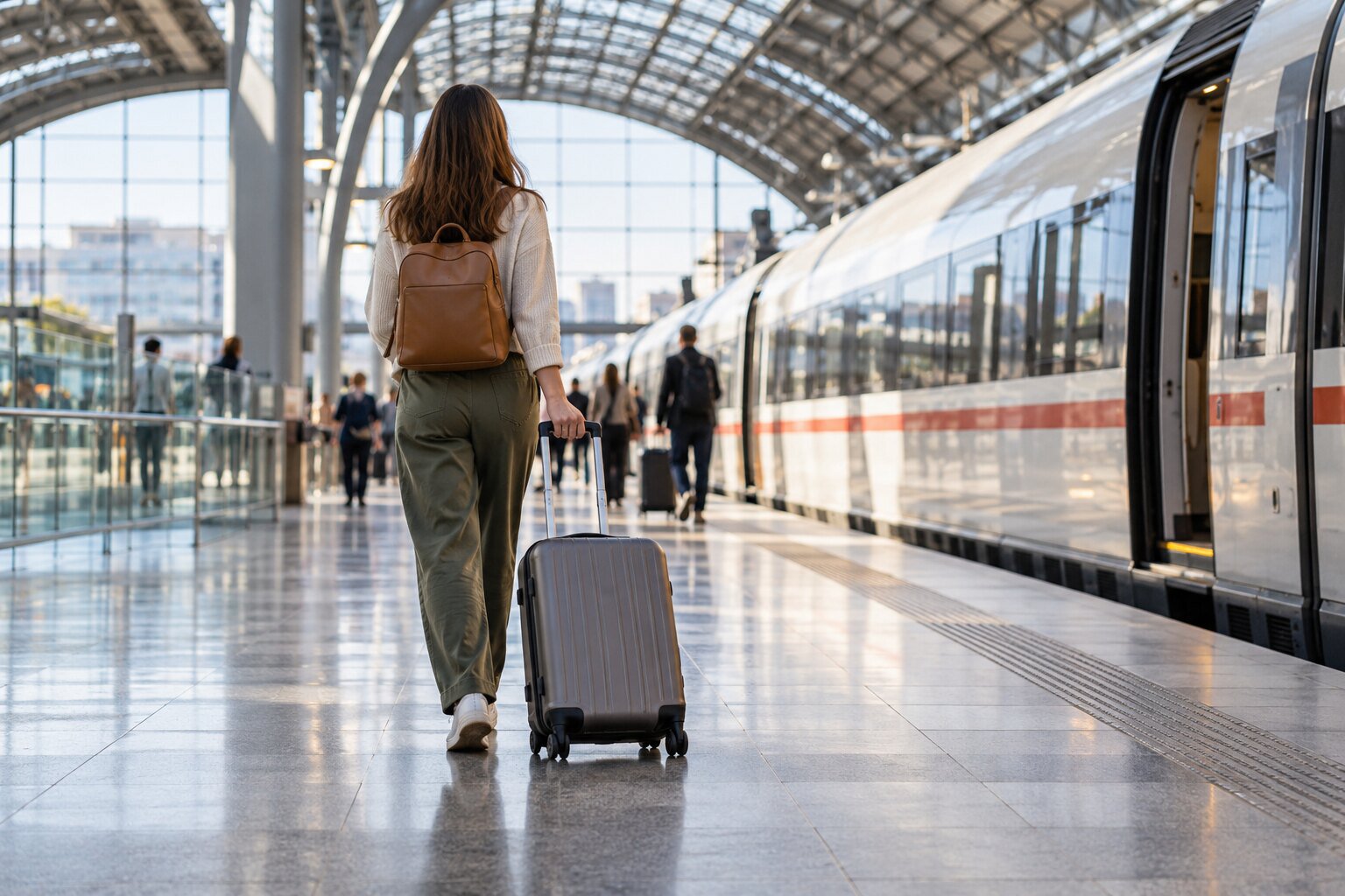 Traveler rolls a suitcase through a train station during a hotel change.