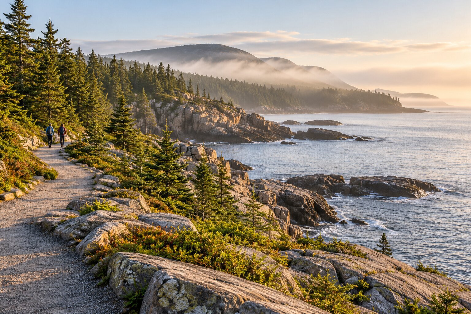 Walkers follow a rocky coastal path above the Atlantic in Acadia National Park.