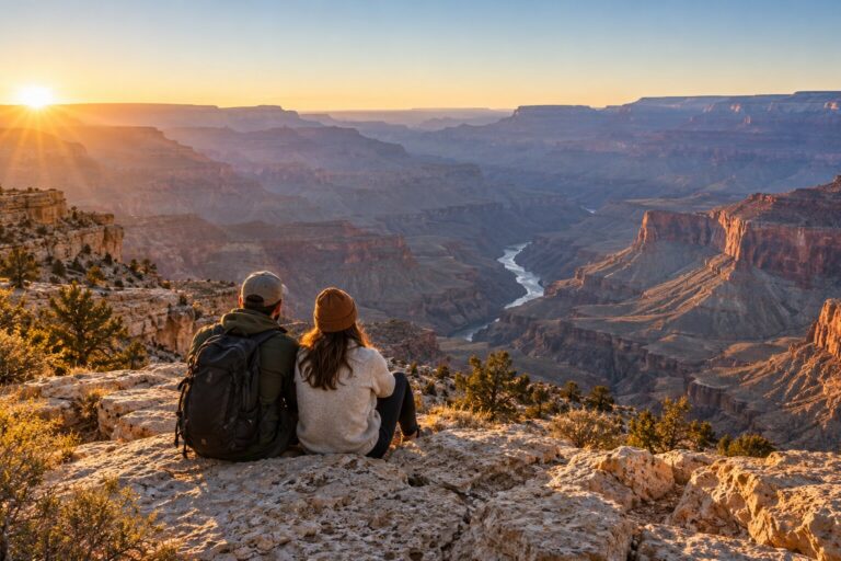 Travelers look out over a national park canyon at sunrise.