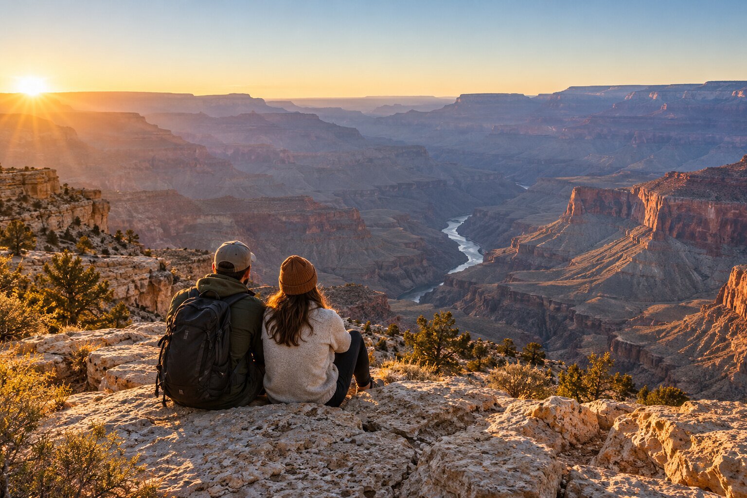 Travelers look out over a national park canyon at sunrise.