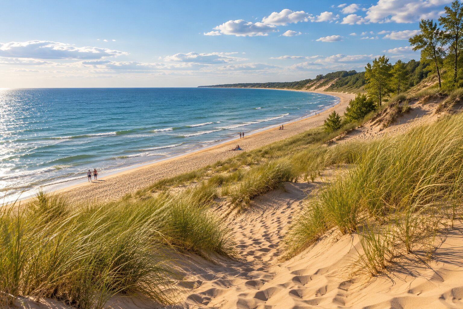 Lake Michigan shoreline and sand dunes at Indiana Dunes National Park.