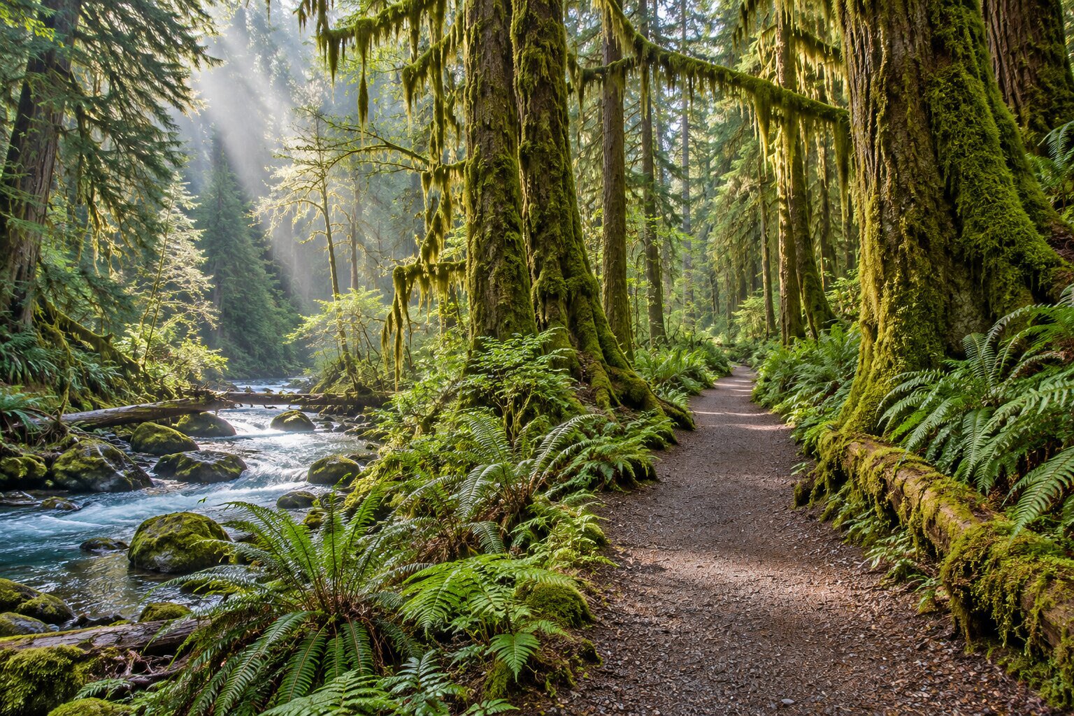 A shaded trail winds through a mossy rainforest in Olympic National Park.