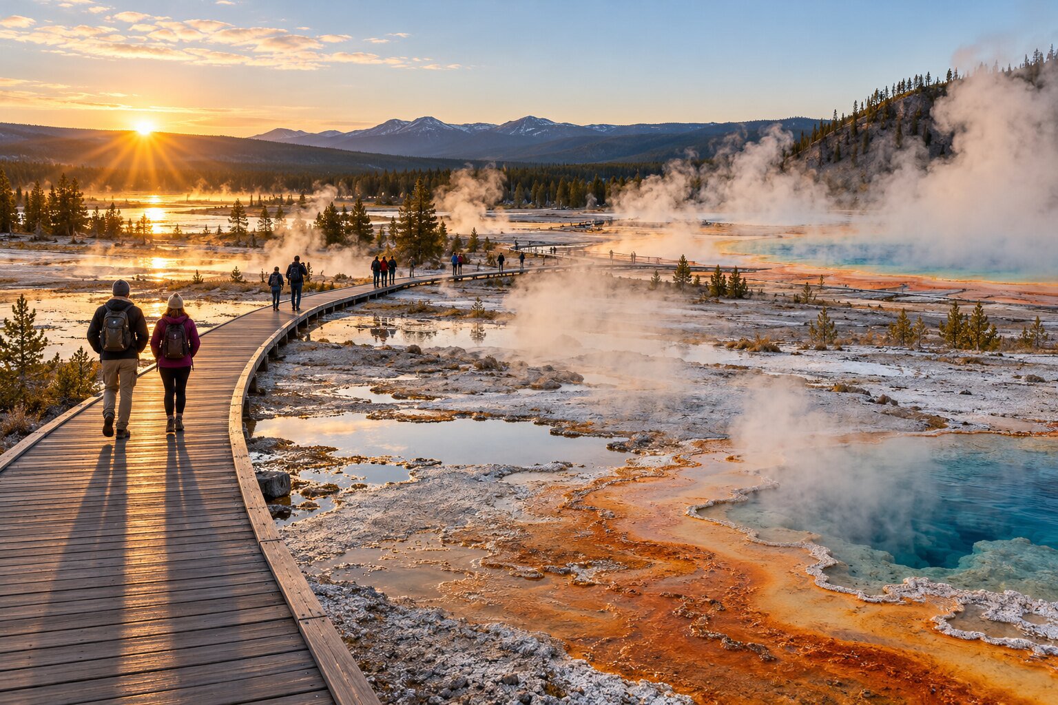 Visitors walk a boardwalk through a steaming geothermal basin in Yellowstone.